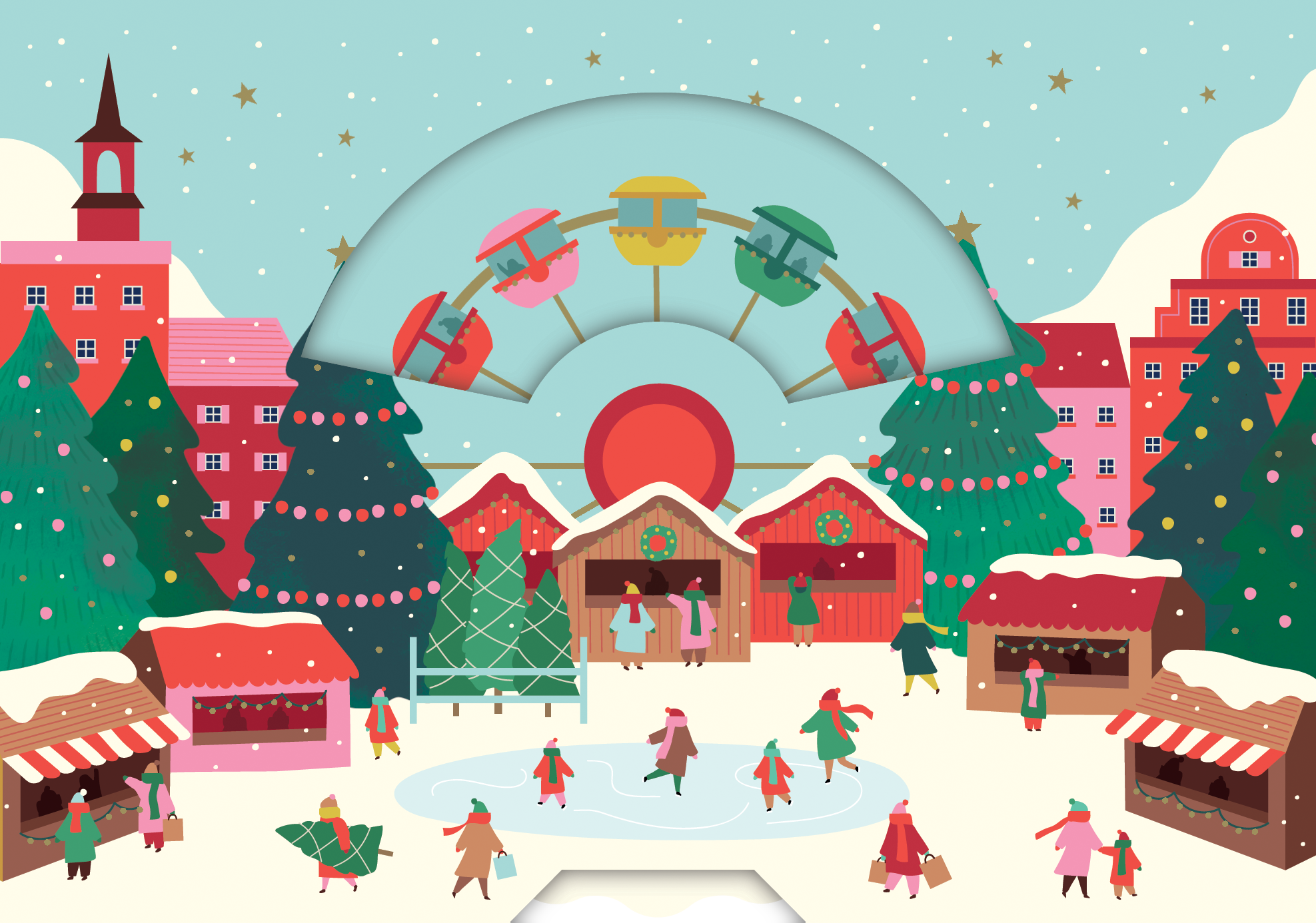 Village Scene Christmas Card Spinning Wheel